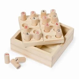 A wooden number puzzle featuring cylindrical pegs in a box, with numbers 1 to 4 printed in red.