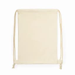 A drawstring bag in a neutral beige colour, featuring a simple design with two cords for closure.