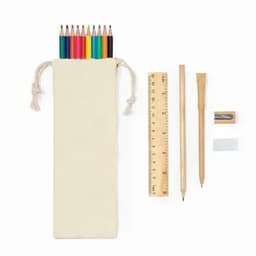 A pencil case containing eight coloured pencils, a wooden ruler, a pencil, an eraser, and a sharpener.