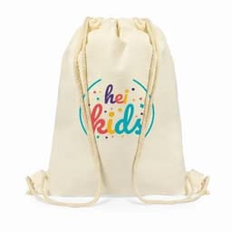 A drawstring backpack in cream colour featuring a playful multicoloured graphic with the word "kids" and a logo.
