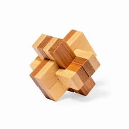 A wooden puzzle featuring interlocking blocks in various shades of brown and tan, showcasing a geometric design.