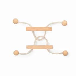 A wooden toy with two wooden beads and intertwined ropes forming a simplistic shape, showcasing a natural finish.
