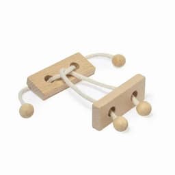 A wooden toy featuring two rectangular pieces connected by strings, with round wooden beads at each end.