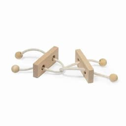 Two wooden connectors with rope and wooden beads, arranged in a playful manner.
