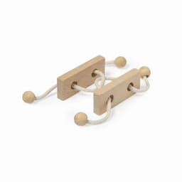 A wooden tug toy made of two rectangular blocks and two ropes with wooden beads at the ends, featuring a natural finish.