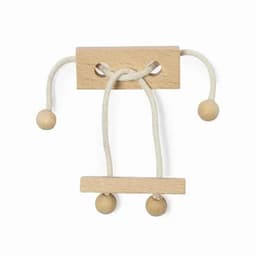 A wooden toy with two ropes and rounded wooden beads, featuring a flat block with holes at the top.