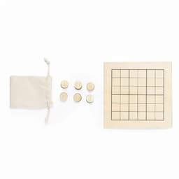 A beige drawstring bag next to six game pieces and a square Sudoku grid on a light background.