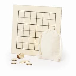 A wooden Sudoku board with a grid, a fabric pouch, and several wooden tokens. The board is light in colour.