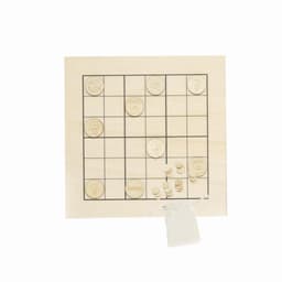 A wooden game board featuring a grid with engraved circular pieces and a small pouch for storage.