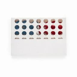 A product packaging featuring a grid with red and blue items visible through round cutouts. It has a logo on the front.