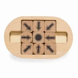 A wooden puzzle featuring nine blocks with directional arrows and a central circle, set in an oval base.