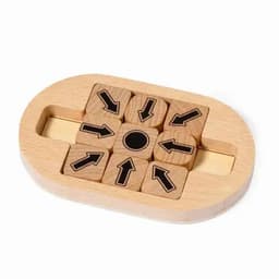 A wooden puzzle featuring movable blocks with black arrow designs, set in an oval wooden base.