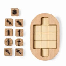 A wooden puzzle set with directional tiles in a light colour and an oval base for placement.