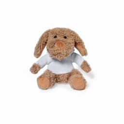 A plush toy dog in brown with floppy ears and a white hoodie, sitting upright.