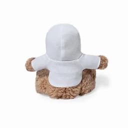 A plush toy featuring a soft brown body and a white hooded top, viewed from the back.