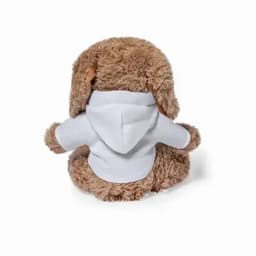 A plush toy of a brown bunny wearing a grey hoodie, viewed from the back.