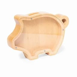 A wooden piggy bank in a pig shape, showcasing a natural wood finish and smooth edges. It features an opening for coins.