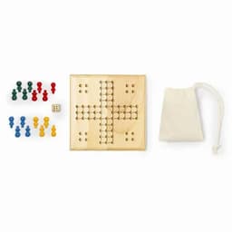 A wooden board game featuring a cross-shaped layout, four sets of coloured pegs, a dice, and a fabric pouch.