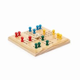 A wooden game board featuring red, blue, yellow, and green pawns, with a die on a grid pattern.