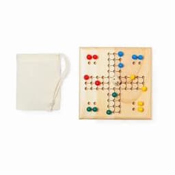 A wooden board game featuring a grid, colourful playing pieces in red, yellow, and green, and a dice. Comes with a bag.