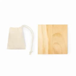A small beige drawstring bag next to a smooth, light wood square. Both items are displayed on a white background.