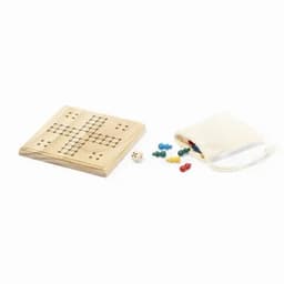 A wooden board game with a grid pattern, accompanied by a set of coloured game pieces and a dice in a bag.