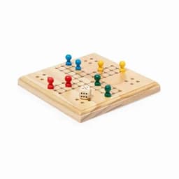 A wooden game board featuring coloured pawns in red, blue, green, and yellow, with a dice placed on it.