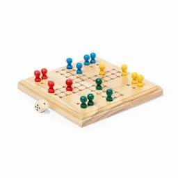 A wooden board game features red, green, blue, and yellow pawns, with a dice on the side.