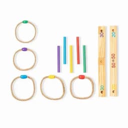 A set of wooden and rope components including multi-coloured rods, rings, and a wooden base with scoring.