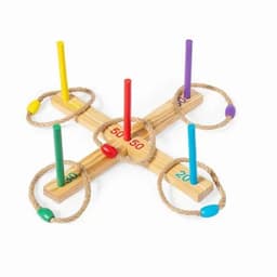 A wooden ring toss game featuring colourful pegs and rope rings in yellow, red, purple, green, and blue.