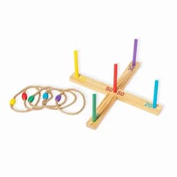 A ring toss game with a wooden base featuring coloured pegs and several rope rings in various colours.