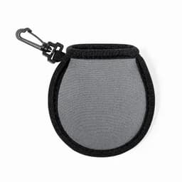 A grey drink bottle holder with a black trim and a clip for attachment. Features a rounded shape.