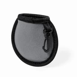 A grey pouch made of neoprene, featuring a black trim and a clip for attachment. It has a simple, streamlined design.
