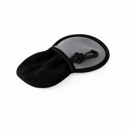 A black and grey pouch with a clip, featuring a soft interior for storage. It has a rounded, open design.