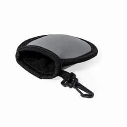 A grey storage pouch with a black trim and a clip for attaching to bags or belts.