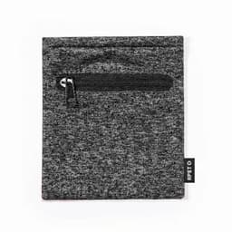 A grey fabric pouch featuring a zippered pocket and a small logo tag on the side.