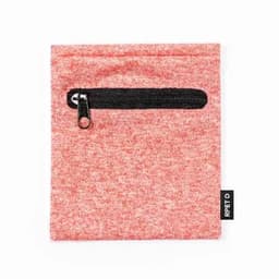 A pouch in a red heather fabric with a black zippered pocket and a label on the side.