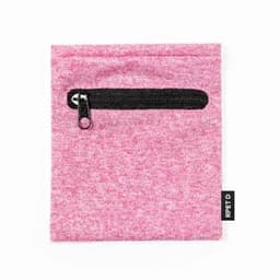 A pink pouch with a black zip pocket and a small logo tag on the side.