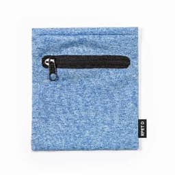 A pouch in blue fabric with a black zip pocket and a logo tag on the side.