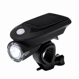 A black solar-powered bicycle light with a front LED bulb and adjustable mounting bracket.