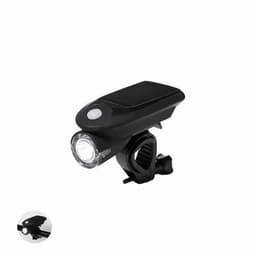 A black bike light with a white LED, featuring a mounting clip and a solar panel on top.