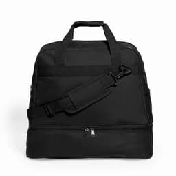 A black travel bag with dual handles and an adjustable shoulder strap, featuring a main zip compartment and a front pocket.