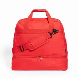 A red bag with two handles, a detachable shoulder strap, and zippered compartments. It has a simple design.