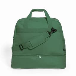 A green bag with dual handles and a detachable shoulder strap featuring a zippered compartment. Contains a logo.