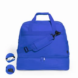 A blue travel bag with handles and a detachable shoulder strap, featuring a zippered compartment.