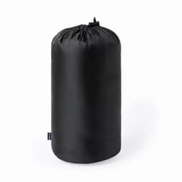 A black cylindrical storage bag with a drawstring closure and a small logo tag.