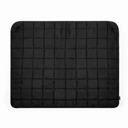 A black quilted blanket with a grid pattern, featuring even squares and a smooth texture.