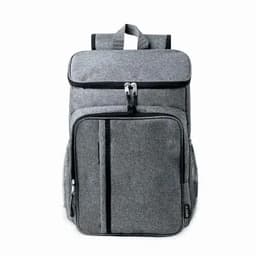 A grey backpack with multiple pockets and zippers, featuring mesh side pockets and padded shoulder straps.