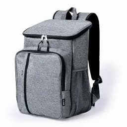 A grey backpack featuring a zippered main compartment, front pocket, and side mesh pockets. It has adjustable straps.
