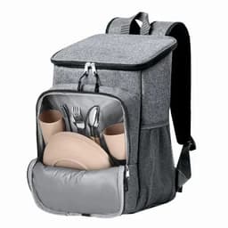 A grey cooler bag backpack with utensils, cups, and plates neatly organized inside. Features a zipped compartment and a logo.